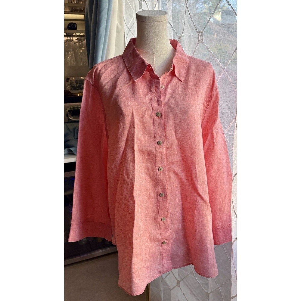 CHICOS Linen Peach Coral Pink Button Up Shirt Blouse Womens Size 4 / XL Chico's